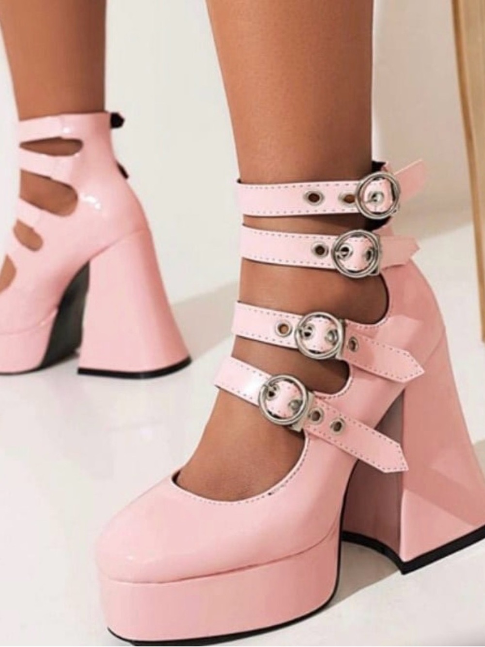 Patent Pink Multi-Strap Platform Heels
